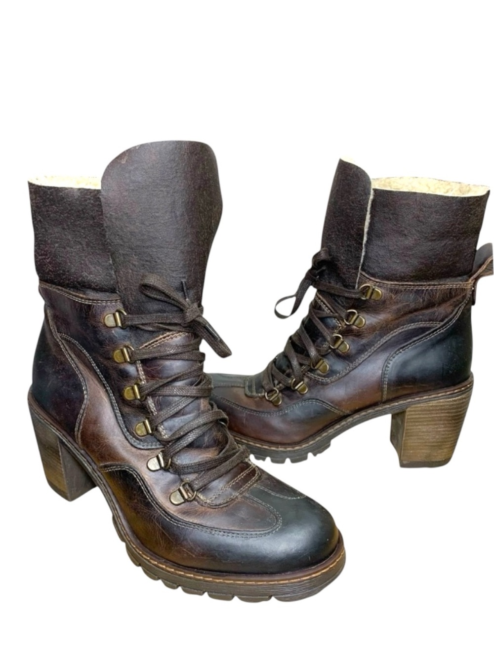 Aldo Brown Leather Boots Block Heel Sherpa Fleece Sz 38 Lace Up Fold Over Hi Top